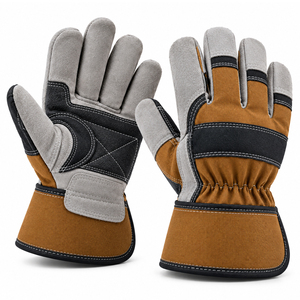 Gants de travail robustes marron, noir et gris avec renfort de paume incurvé, poignet élastique froncé et tissu durable - Product Image 1