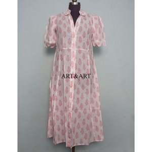 Robe trapèze en pur coton pour femme, imprimée à la main motif floral, style décontracté et élégant, idéale pour le quotidien et les fêtes, simple, lavable - Product Image 3