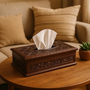 Premium Engraved <b>Floral</b> Pattern Carved Wooden Tissue <b>Box</b> & Holder for Dining Room and Bedroom - Product Image 5