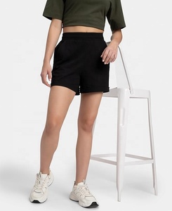 Women's Mid Waist Black Cotton <b>Shorts</b> with Pockets Casual Knitted Breathable Elastic Waist Regular Fit Solid Color Fur Flowers - Product Image 4