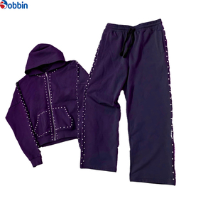 Fabricante de ropa OEM con logotipo personalizado, sudadera con capucha y cremallera con pedrería y pantalones deportivos, conjunto de 2 piezas, chándales para hombre - Product Image 6