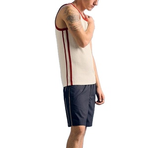 <b>Men's</b> Ribbed Sleeveless Tank Top Cream <b>Red</b> Trim O-Neck Casual Knitted Cotton <b>Vest</b> Solid Color Style - Product Image 4