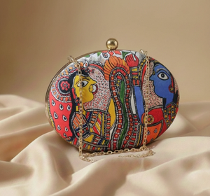 Premium Madhubani Oval Clutch Metal <b>Frame</b> Hard Case Satin Fabric Outer Raw Silk Lining with Crystal Closure - Product Image 1