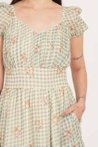 Vestido midi con estampado floral, corte en A, manga corta y volantes, cintura natural, ajuste holgado, informal, para verano, vestido de mujer. - Product Image 4