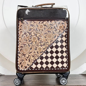 Top Selling Handcrafted Genuine Cowhide Leather Floral Checkered Travel Suitcase Western Style Luggage Bag with Spinner Wheel - Product Image 4