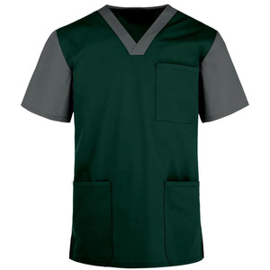 Blouse de travail vert forêt à col en V et manches courtes avec manches et bordures contrastantes grises – Uniforme hospitalier - Product Image 1
