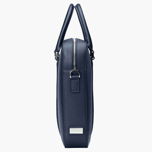 Housse pour ordinateur portable en cuir bleu marine avec poignée à rayures orange, pour le transport, usage professionnel et bureautique, design protecteur - Product Image 3