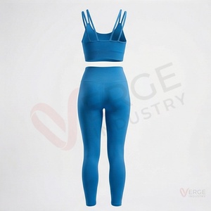<b>Women</b> <b>Navy</b> <b>Blue</b> Ribbed Long Sleeve Crop <b>Top</b> High Waist Shorts Yoga 2 Piece Set Square Neck Spaghetti Strap - Product Image 2