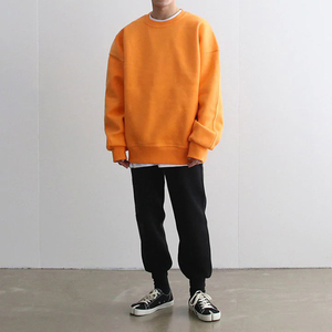 <b>Men</b> Oversized Crew Neck Pullover <b>Sweatshirt</b> Solid Color <b>Orange</b> Knitted Cotton Casual Autumn Wear - Product Image 2