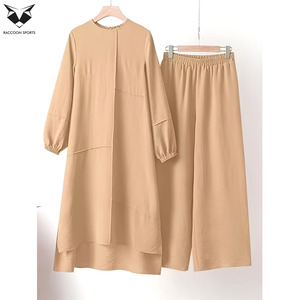 Latest Product Khaki Color <b>Modest</b> Track <b>Set</b> Women Layered Design Long Top and Palazzos Pants Muslim Formal Casual Wear - Product Image 5