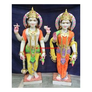 Statue de Laxmi Vishnu en marbre blanc au design unique, avec surface durable et brillante, en position debout sur un socle, idéale pour offrir en cadeau. - Product Image 2