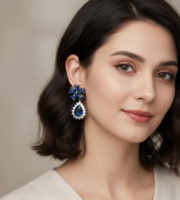 Anting Bunga Mewah Perak 925 Biru Potongan Pir Berlapis Rhodium Perhiasan Wanita