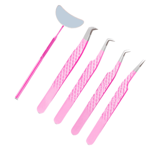 Juego de Pinzas para Extensión de Pestañas de Acero Inoxidable Rosa al por Mayor con Puntas de Fibra, Logotipo Personalizado, Herramientas para Pestañas de Volumen para Profesionales - Product Image 1
