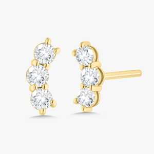 Bar Stud Earrings 14K Solid Gold Round Cut Lab Grown Diamonds <b>Push</b> Back Geometric Curved Dainty Minimalist Everyday Wear Jewelry - Product Image 1