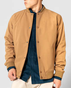 Men's Tan Canvas Bomber <b>Jacket</b> Stand Collar Button Closure Casual Autumn Wear Regular Fit Solid Color Cotton Shell - Product Image 1