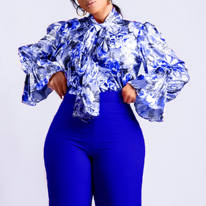 Women Floral Print Satin Blouse With Mandarin Collar Balloon Sleeve Wrap Tie <b>Top</b> Spring Summer Party Wear Plus Size Dress Custom - Product Image 2