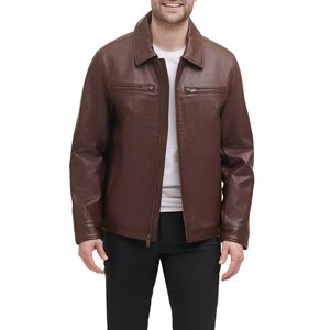 Genuine Leather Coated Varsity Jacket for <b>Men</b> with Stand Collar Zipper Closure Warm Inner Lining Autumn Wear - Product Image 3