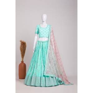ATRACTIVA GEORGETTE BORDADO SECUENCIA TRABAJO LEHENGA CHOLI CON DUPATTA SKY - Product Image 1