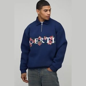 OEM Custom 100% Cotton 3d Embossed 1/4 Quarter Half Zip <b>Pullover</b> <b>Jumper</b> Fleece Vintage Oversized Mock Neck Sweatshirt Men - Product Image 3