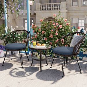 Set da Esterno U_STYLE in 2 Pezzi, Sedie Singole in Rattan con Tavolo Rotondo in Vetro per Terrazze, Balconi o Cortili - Product Image 2