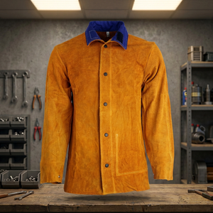 Chaqueta de Seguridad de Gamuza Naranja con Cuello Azul, Corte Regular, Resistente al Calor, para Uso en Fábrica o Taller - Product Image 4