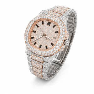 Reloj de Lujo de Dos Tonos con Incrustaciones de Moissanita, Esfera de Acero Inoxidable con Pavé, Visualización de Fecha, Reloj de Cuarzo para Hombre - Product Image 3