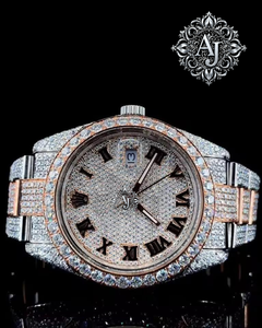 Reloj de Lujo con Cuarzo y Moissanita, Brazalete de Acero Inoxidable, Esfera con Números Romanos, Tono Oro Rosa, Unisex, para Fiestas - Product Image 1