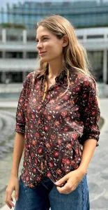 Women Ethnic <b>Boho</b> Style Brown Floral Printed Cotton <b>Shirt</b> 3/4 Sleeve Button Down Soft Fabric Casual Stylish Summer Top - Product Image 3