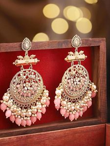 Pendientes étnicos indios Kundan Chandbali con perlas, chapados en oro, hechos a mano, para bodas y fiestas, accesorios para mujer. - Product Image 5