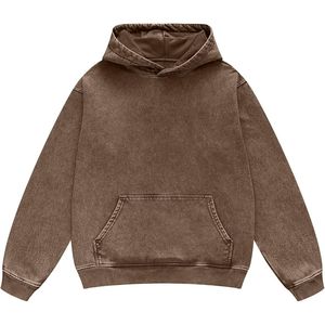 Beige Acid Wash Pullover <b>Hoodie</b> Men Streetwear Boxy Fit Drop Shoulder Distressed Soft Cotton Heavyweight Apparel Top - Product Image 5