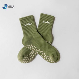 Wholesale <b>Custom</b> Cotton Sage Green Olive Color <b>Grip</b> Breathable Crew <b>Socks</b> Private Label Non-Slip Sports <b>Socks</b> for Pilates Yoga - Product Image 2