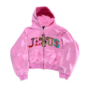 Sweat à capuche rose zippé pour homme en molleton de coton avec logo imprimé sur le devant, style streetwear automne, manches classiques - Product Image 5