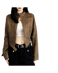 Zipper Closure Motorcycle <b>Jacket</b> with Regular Sleeves Polyester Zipper <b>Jacket</b> Thick V-neck Genuine Zipper Leather <b>Jacket</b> - Product Image 1