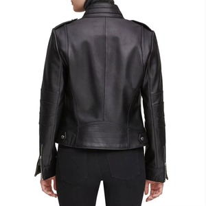Chaqueta de Motocicleta de Cuero Genuino Negro para Mujer, con Cierre, Cuello Alto y Protección Contra el Viento - Product Image 2