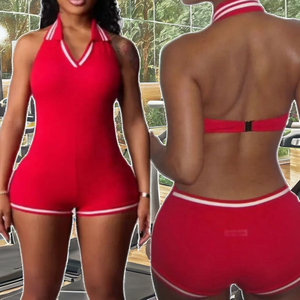 Combinaison moulante à logo personnalisé pour femmes Sexy dos nu licou col en v coton une pièce barboteuse solide vêtements de nuit Shorts fêtes d'été - Product Image 3