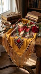 Écharpe carrée à franges et pompons, imprimé floral russe jaune moutarde, foulard traditionnel pour femme, style Pavlovo Posad - Product Image 1