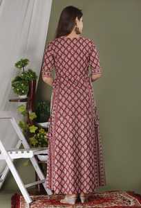 Vestido largo de algodón con estampado batik color granate para mujer, vestido étnico informal, vestido maxi acampanado para uso diario. - Product Image 3