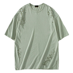 เสื้อยืดขาดรุ่ยสำหรับผู้ชาย แขนสั้น ผ้าแคนวาส 100% คอตตอน เป็นมิตรกับสิ่งแวดล้อม แห้งเร็ว ระบายอากาศได้ดี ทรงปกติ - Product Image 1