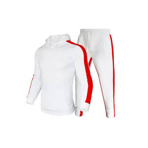 Survêtement unisexe blanc à rayures rouges, à capuche, manches longues, décontracté, pour l'automne, avec poches latérales, coupe classique, 100% coton - Product Image 1