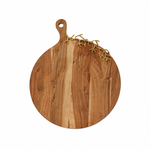 Tabla de Quesos Redonda de Madera de Acacia de Último Diseño con Decoración Floral de Metal Dorado y Flores Blancas Esmaltadas para Catering de Hoteles - Product Image 3