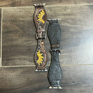 New Vintage High Quality Hand Tooled Leather Sunflower Design Unisex <b>Watch</b> <b>Band</b> Genuine Leather Replacement <b>Band</b> for Apple <b>Watch</b> - Product Image 6