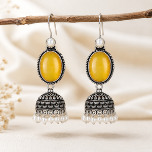 Boucles d'oreilles Jhumka ovales vintage tibétaines bohèmes en laiton plaqué argent avec améthyste jaune et perles d'imitation pour femme, idéales pour les soirées - Product Image 6