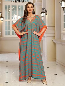 Vestido Largo Maxi de Gasa con Estampado Geométrico y Cuello en V para Mujer, Estilo Vacaciones de Verano, Manga Casquillo, Corte Imperio, Kaftán Largo Estampado Naranja y Verde Azulado - Product Image 3