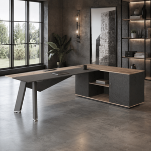 Bureau de direction moderne en forme de L avec verre et MDF, rangement ouvert, grand poste de travail informatique industriel - Product Image 6
