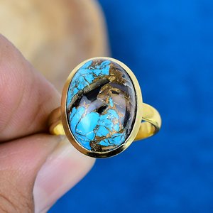 Natural Handmade Black Shell Copper Turquoise Oval Shape Gemstone <b>Ring</b> 18k Gold Micron Over 925 Sterling Silver <b>Ring</b> - Product Image 2
