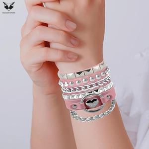 Premium Fashionable Pink <b>Leather</b> Studded <b>Bracelet</b> Heart & Chain Design Girls and Women Fashion Jewelry Multi-Layer Studded - Product Image 6