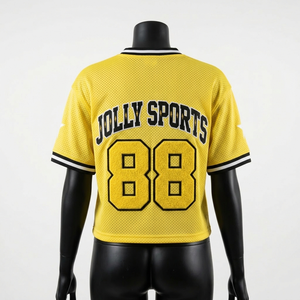 Women Football Jersey 180 GSM Premium Breathable <b>Mesh</b> Yellow Contrast Rib Collar Star Sleeve Custom Logo - Product Image 5