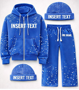 Custom Logo Winter Breathable 100% Cotton Pink Rhinestone Zip Streetwear Hoodie <b>Jogger</b> Sweatsuit <b>Set</b> <b>Matching</b> Beanie Men - Product Image 2