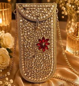 Gold Plated Embroidered Clutch <b>Bag</b> with Red Kundan Flower Design for Wedding Party - Product Image 1