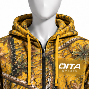 Mustard Nature Print <b>Zip</b> Up <b>Hoodie</b> Mens Outdoor Casual Hooded Sweatshirt with Drawstring Front <b>Pockets</b> Warm Streetwear Jacket - Product Image 3